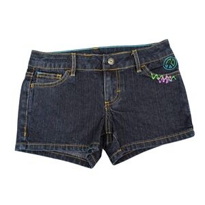 Faded Glory Girls Denim Shorts Size 6 Dark Wash Peace Sign Embroidery Stretch